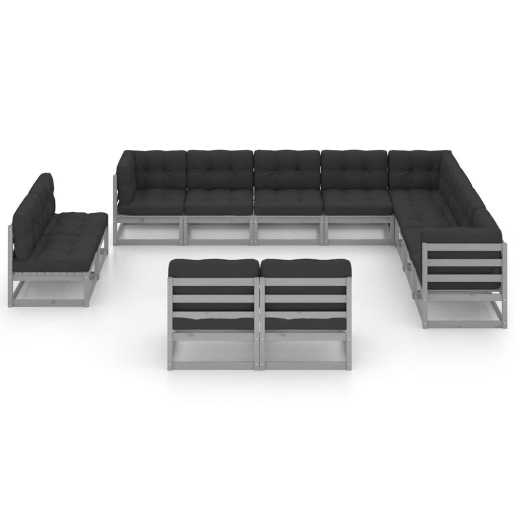 12-tlg. Garten-Lounge-Set mit Kissen Grau Kiefer Massivholz